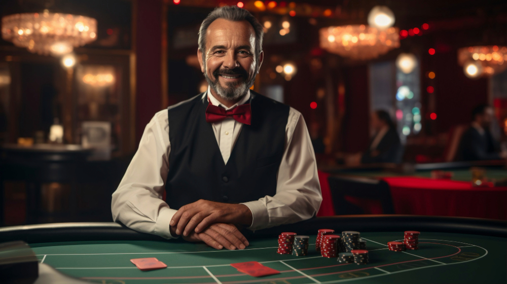 Middle-aged casino dealer welcoming you with a smile